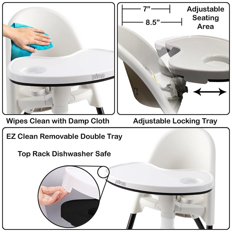 PRIMO كرسي طعام قابل للتحويل من بريمو كوزي توت ديلوكس - كرسي محمول قابل للطي للأطفال - مناسب للسفر، صينية قابلة للإزالة وسهلة التنظيف، أسود/أبيض، 22"x21"x33.5" - Image 5