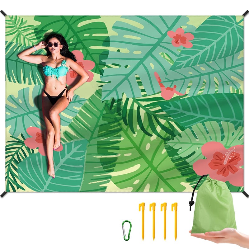 DPWCVM Beach Blanket Waterproof Sandproof Large Beach Mat 83 X 106 for 35 Adults Sand Free Mat Quick DryingLightweight Durable with 4 Stakes 4 Corner Pockets for Beach Camping Green - Image 2
