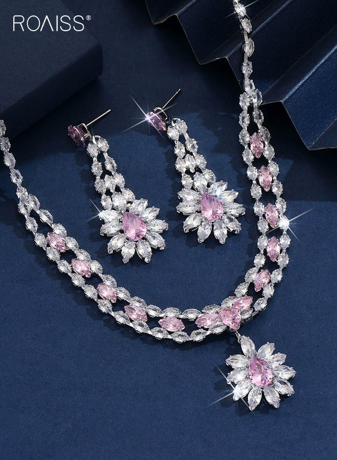 roaiss Niche Design Pink Necklace for Women Bridal Banquet Wedding Dress Accessories Set with Earrings Zircon Ladies Jewelry Gift for Bride - Image 2