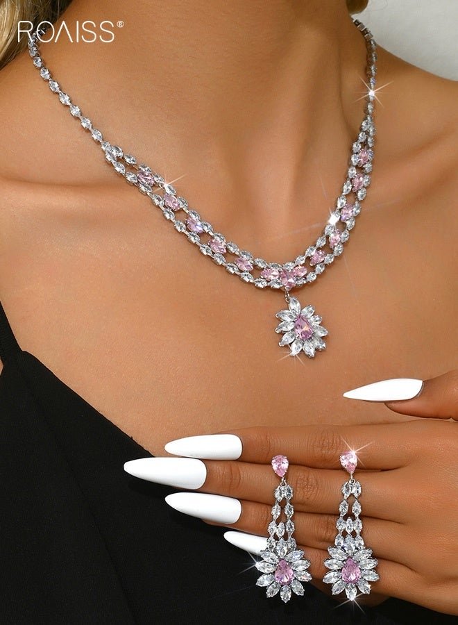 roaiss Niche Design Pink Necklace for Women Bridal Banquet Wedding Dress Accessories Set with Earrings Zircon Ladies Jewelry Gift for Bride - Image 4