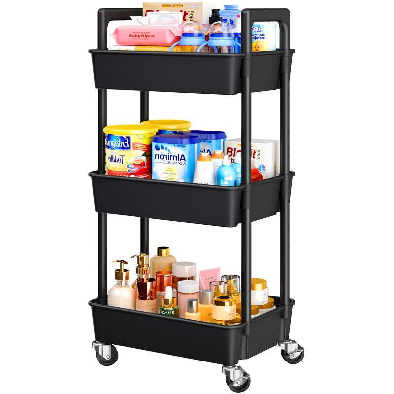 Pipishell 3 Tier Rolling Cart Organizer Plastic Rolling Cart with Lockable Wheels Reinforced Handle Lightweight Utility Storage Cart for Nursery Craft Room Black