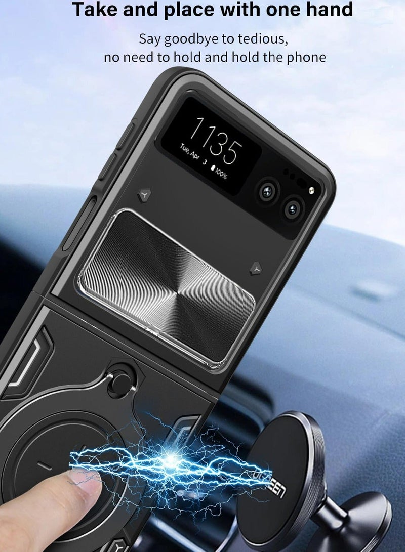 TEAM LUXURY Motorola Razr 40 5G Black Mobile Phone Case Cover, Slide Camera Lens Cover, 360°Rotating Kickstand Ring, Bumper Shockproof Phone Case，Compatible with Car Magnetic Mount  - Image 3