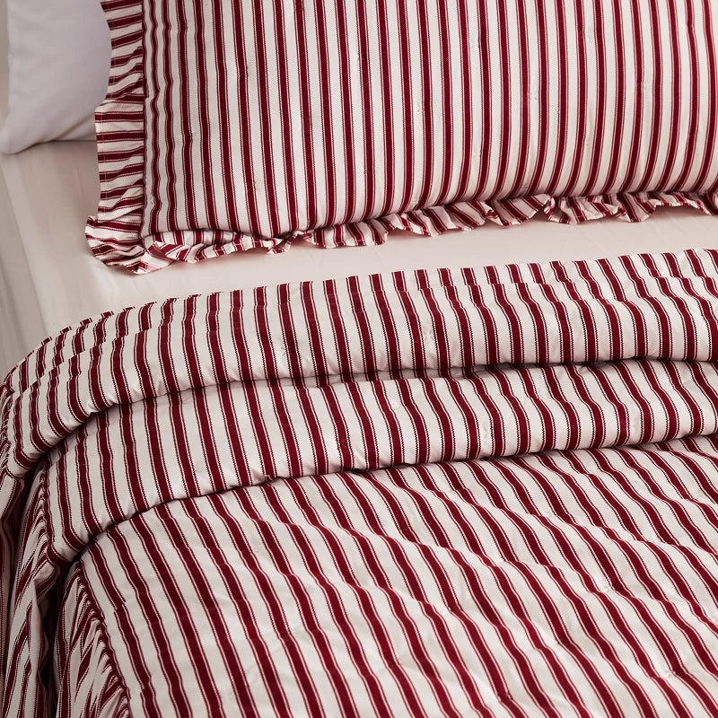 CHIXIN Ticking Stripe Ruffle Skirt Bedspread King Size - 30" Long Drop, Shabby Chic Style, Lightweight Bedding Cover, 3 Piece Set, Burgundy Red - Image 3