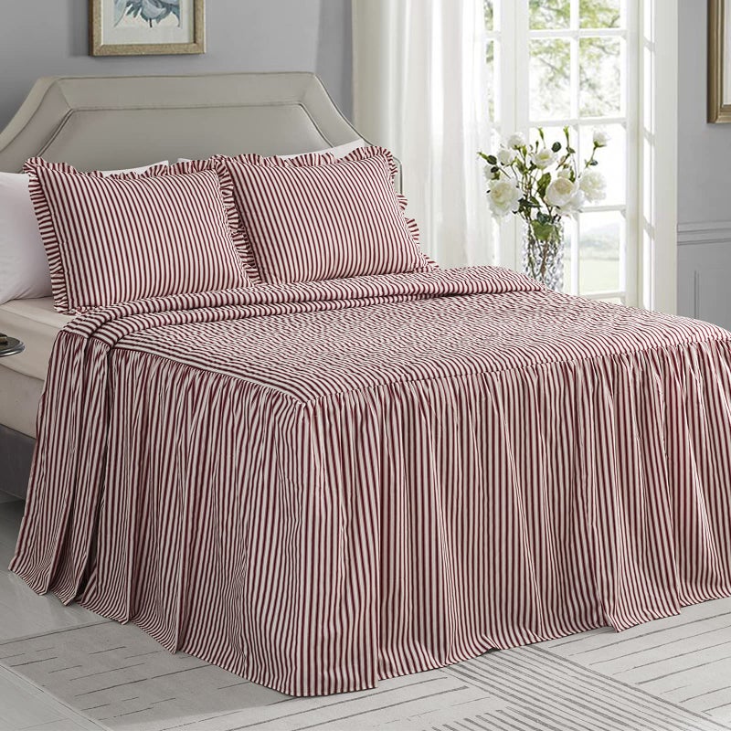 CHIXIN Ticking Stripe Ruffle Skirt Bedspread King Size - 30" Long Drop, Shabby Chic Style, Lightweight Bedding Cover, 3 Piece Set, Burgundy Red - Image 1