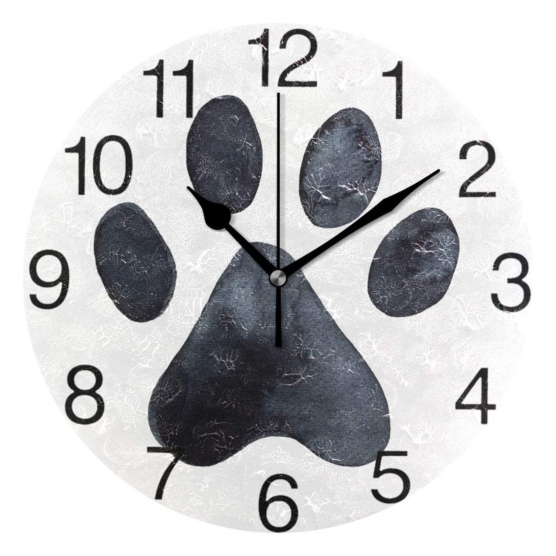 senya Black Dog Paw Print Design Round Wall Clock Silent Non Ticking Oil Painting Decorative for Home Office School Clock Art