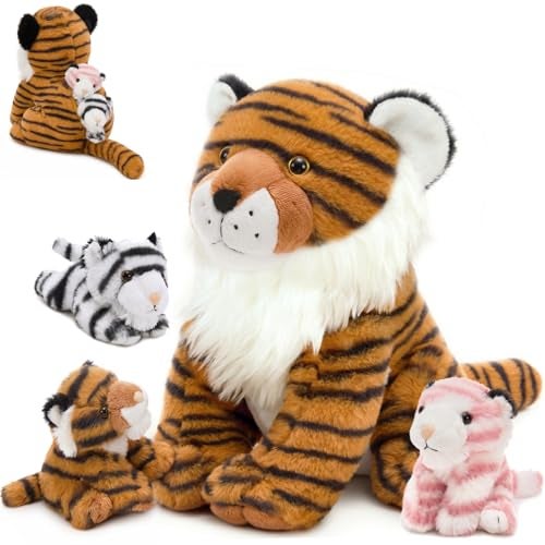 MorisMos Tiger Stuffed Animal with Babies Plush Set Realistic Mommy Stuffed Tiger Plush with 3 Baby Cubs Inside Wild Zoo Animal Toys for Kid Toddler Christmas Decor Birthday Gift Jungle Themed Party - Image 1