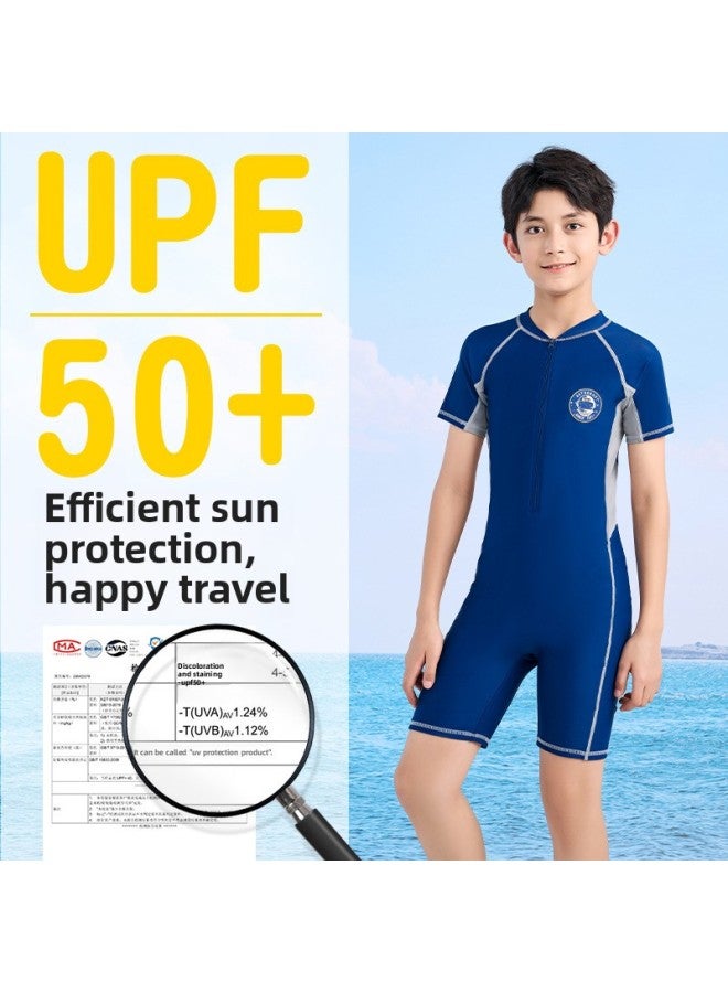 Loquat Children's Swimsuit Boys Medium And Big Children Baby One-piece Quick-drying Sun Protection Swimming Trunks Swimsuit Set Equipment Customization-Color:22512 Sapphire Blue + PU Cap + Goggles + Bag- - Image 3