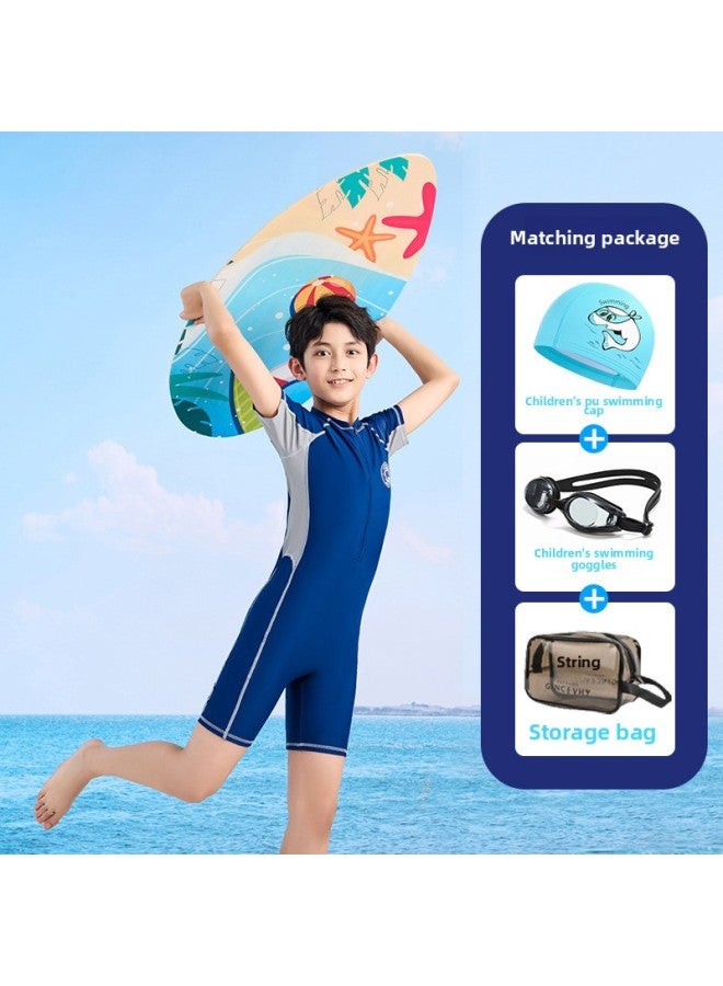 Loquat Children's Swimsuit Boys Medium And Big Children Baby One-piece Quick-drying Sun Protection Swimming Trunks Swimsuit Set Equipment Customization-Color:22512 Sapphire Blue + PU Cap + Goggles + Bag- - Image 1