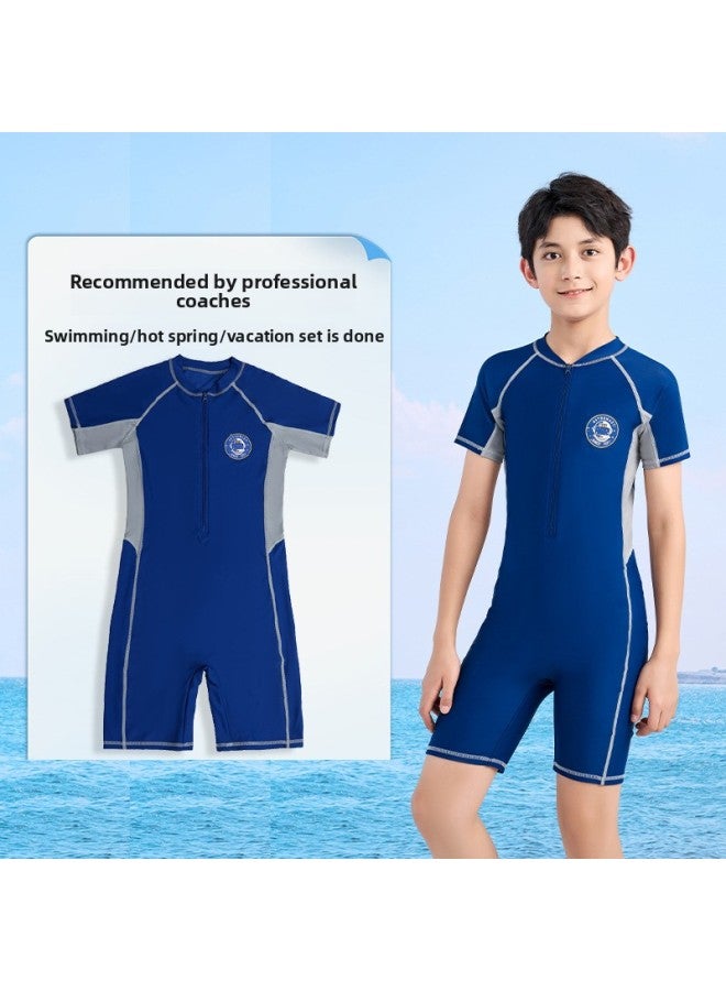 Loquat Children's Swimsuit Boys Medium And Big Children Baby One-piece Quick-drying Sun Protection Swimming Trunks Swimsuit Set Equipment Customization-Color:22512 Sapphire Blue + PU Cap + Goggles + Bag- - Image 2