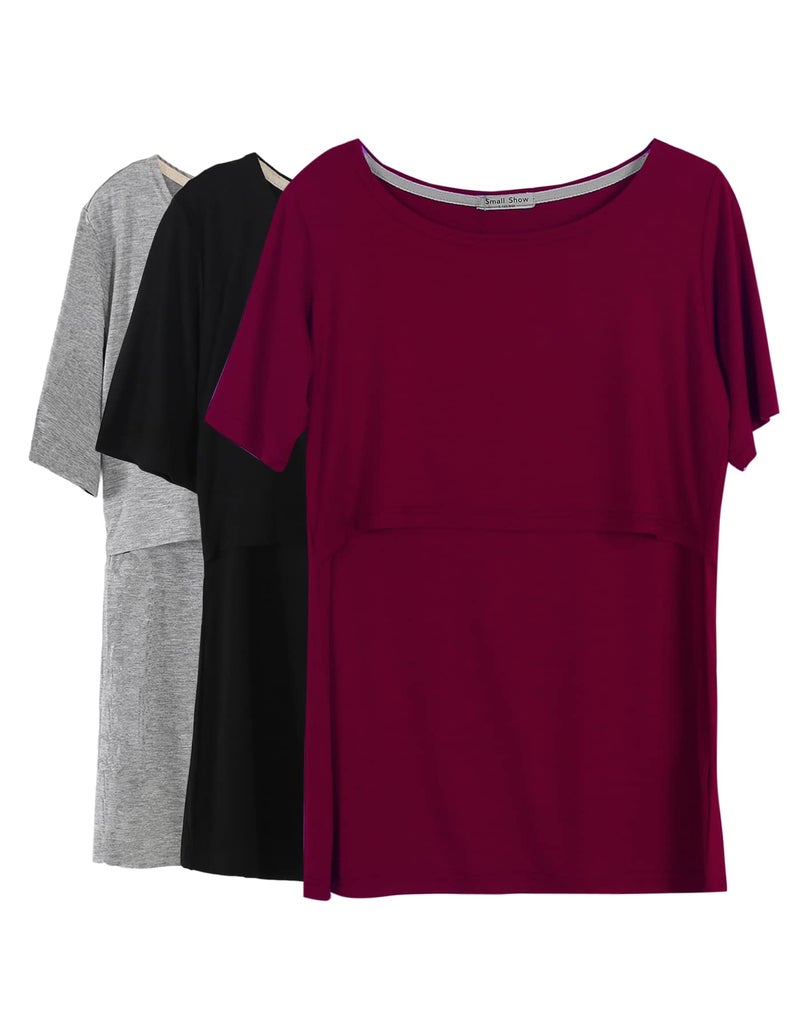 Smallshow 3 Pcs Maternity Nursing T-Shirt Nursing Tops,Wine-Black-Grey,Small - Image 1