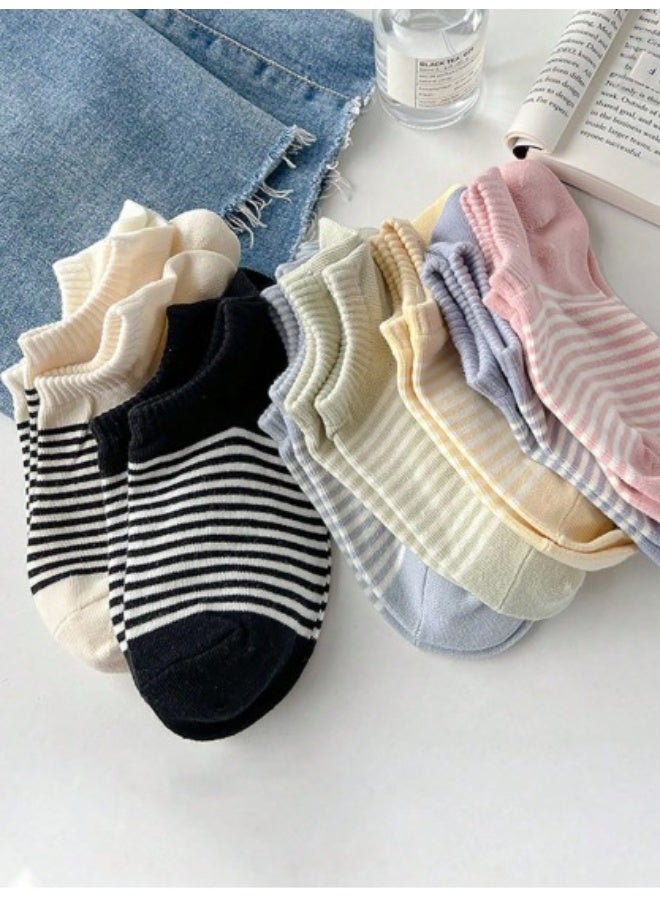 5 أزواج جوارب نسائية – جوارب كاحل بدون ظهور، مخططة، مناسبة لجميع المواسم - Image 1