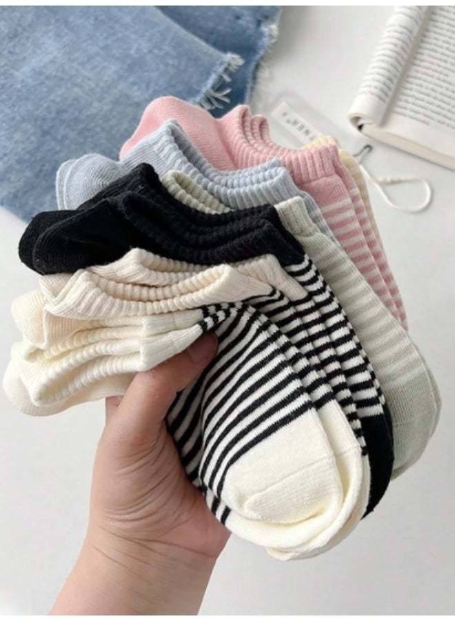 5 أزواج جوارب نسائية – جوارب كاحل بدون ظهور، مخططة، مناسبة لجميع المواسم - Image 3