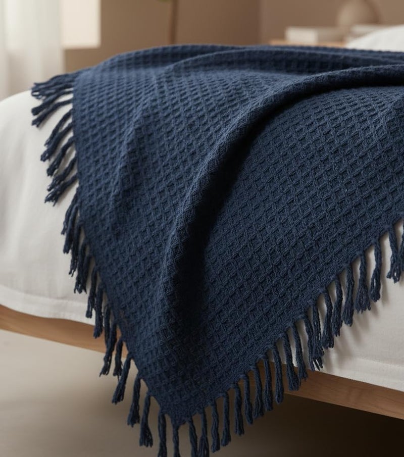 Blue Strip بطانية وافل قطنية 100% باللون الأزرق المخطط للأريكة، السرير وغرفة المعيشة – بطانية قطنية ناعمة، خفيفة الوزن، تسمح بمرور الهواء (152 × 127 سم) - Image 5
