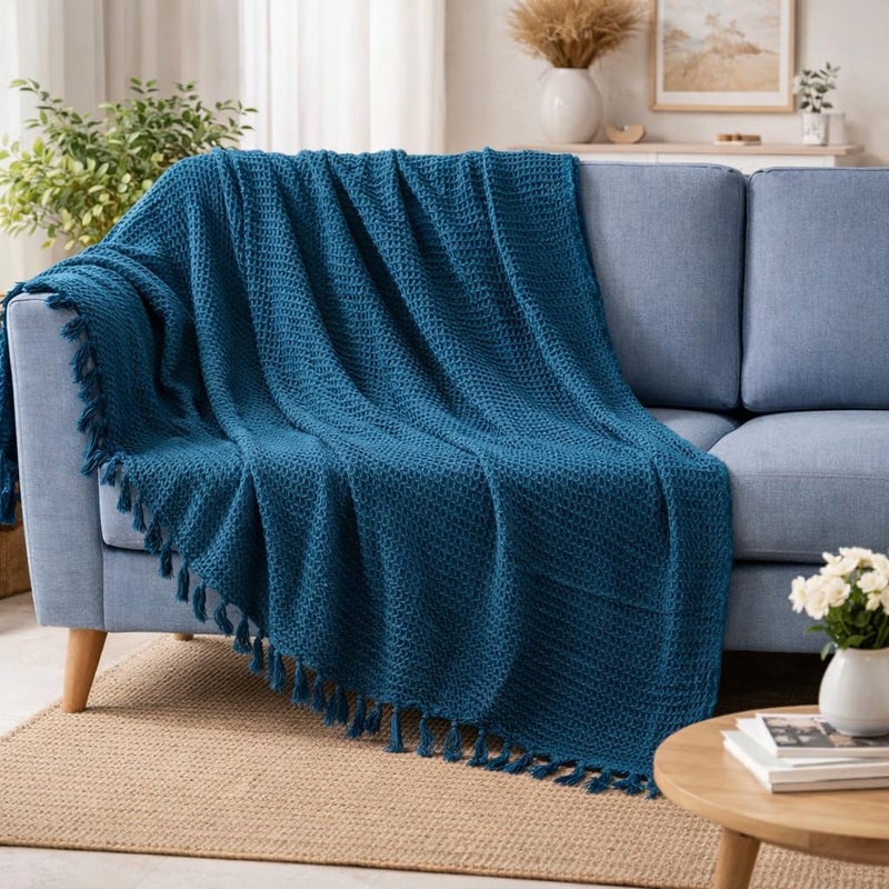 Blue Strip بطانية وافل قطنية 100% باللون الأزرق المخطط للأريكة، السرير وغرفة المعيشة – بطانية قطنية ناعمة، خفيفة الوزن، تسمح بمرور الهواء (152 × 127 سم) - Image 1