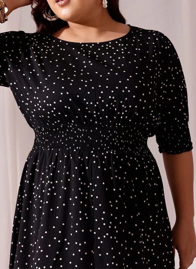 CURVY STREET Black Polka Dots Blouson Dress for Women