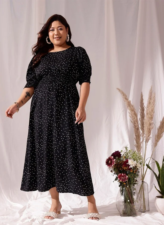 CURVY STREET Black Polka Dots Blouson Dress for Women