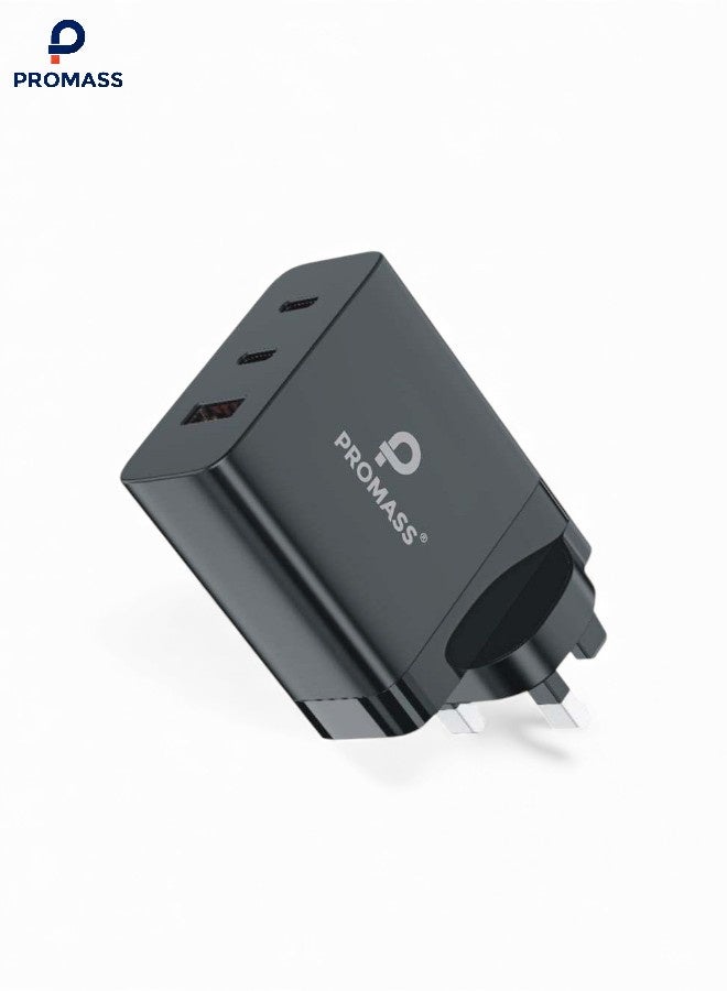 PROMASS A USB charger with three ports (PD 35W, PD 30W, and USB 15W) compatible with mobile phones, computers, and tablets, such as iPhones, Galaxy phones, Huawei phones, and others. - Image 1