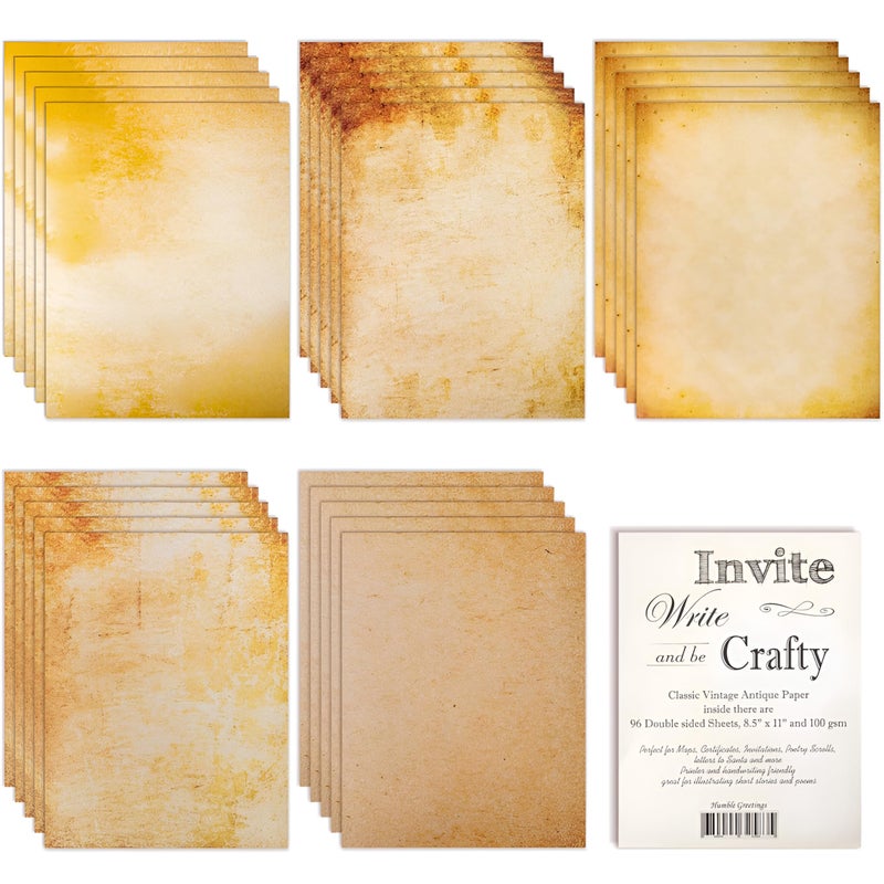 96 Parchment Stationary Paper Sheets - Old Fashion Aged Classic Vintage Antique Writing - 5 Colored Double Sided | Arts Crafts Invitations Certificate Calligraphy Message in a Bottle - 100gsm, 8.5x11