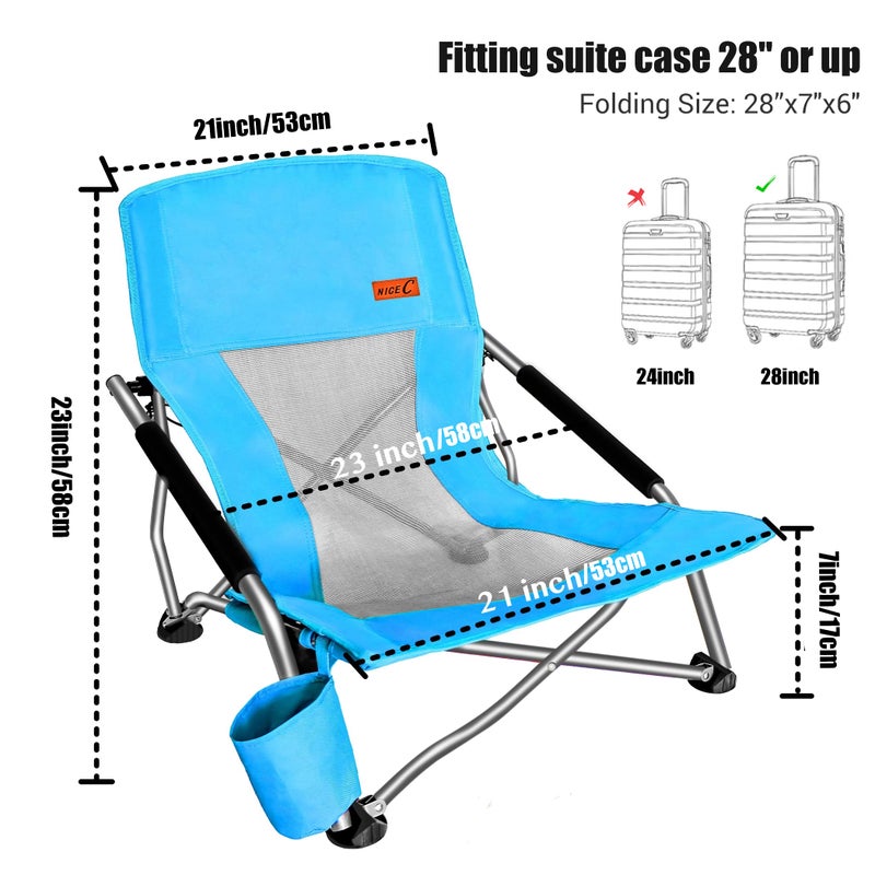 Nice C Low Beach Chair, Beach Chairs for Adults 2 Pack, Sling, Folding, Portable, Concert, Kids, Boat, Sand Chair with Cup Holder & Carry Bag (2 Pack of Blue) - Image 3