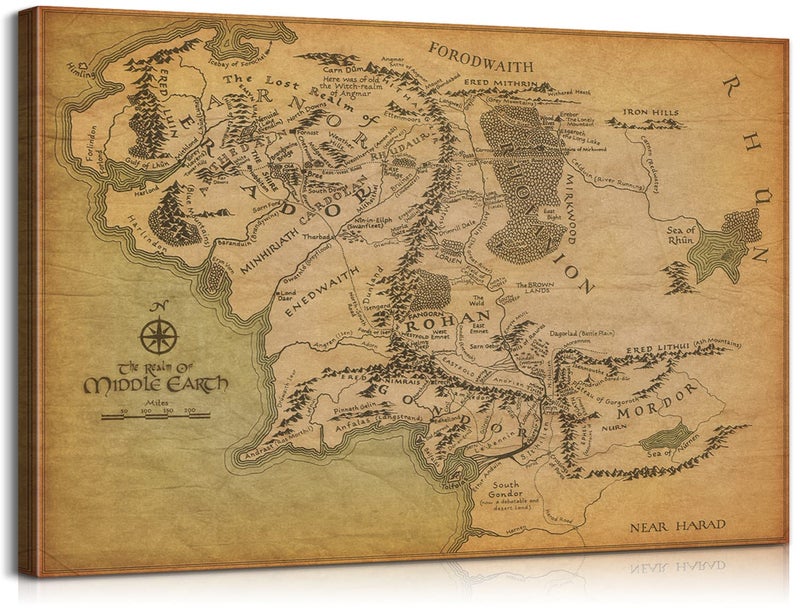 Mistyefly Middle Earth Map Wall Art Canvas Print - Fantasy Map of Middle Earth - 12''H x 18''W with Inner Wooden Frame - Lightweight & Easy to Hang - Perfect for Bedroom, Game Room Decor - Image 1