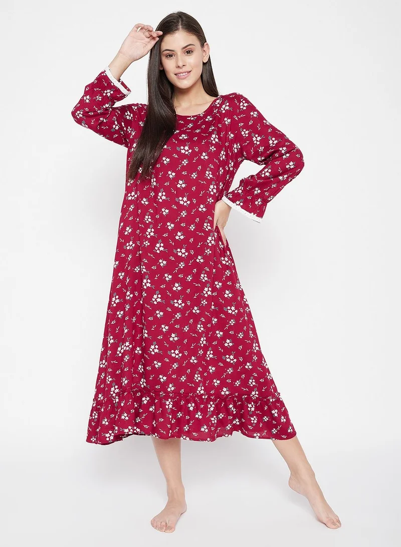 كلوفيا Clovia Pretty Florals Mid Length Nighty In Maroon - Cotton Rich
