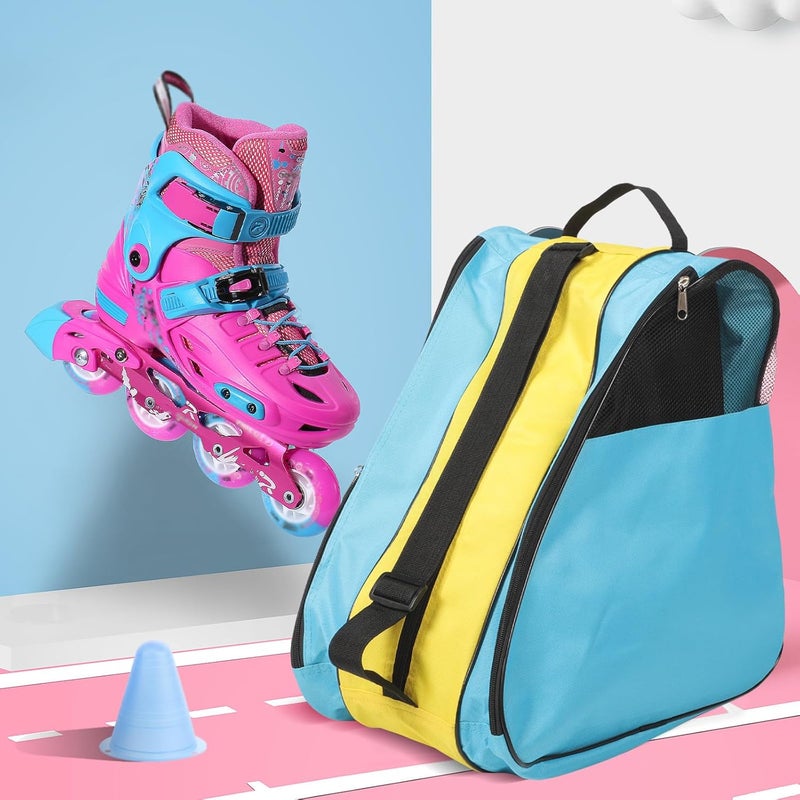 CHILDWEET Roller Skates Bag and Shoulder Pouch Breathable Zipper Storage for Inline and Quad Skating Shoes, Blue-Yellow Half Mesh Design for Sports and Outdoor Ice Skating Use - Image 5