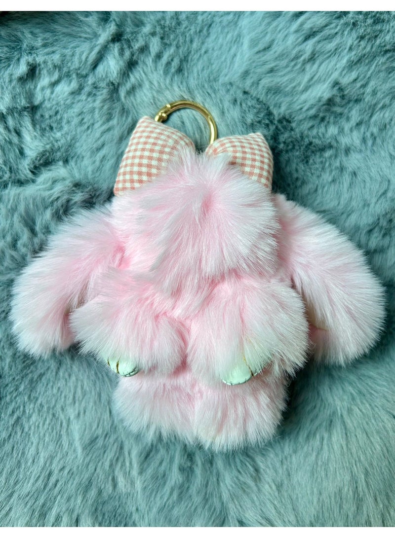 Ins-Style Plush Pendant of Bunny Keychain with Faux Rex Rabbit Fur Bow, Chubby Bunny Stuffed Doll Ornament, Handbag Pendant - Image 1