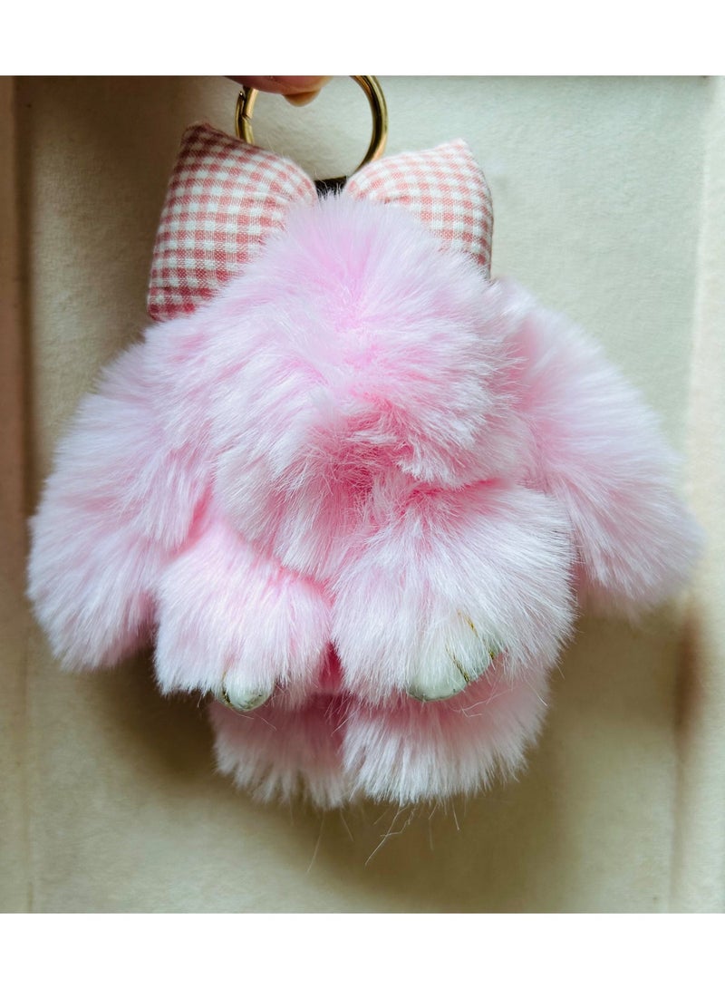 Ins-Style Plush Pendant of Bunny Keychain with Faux Rex Rabbit Fur Bow, Chubby Bunny Stuffed Doll Ornament, Handbag Pendant - Image 2