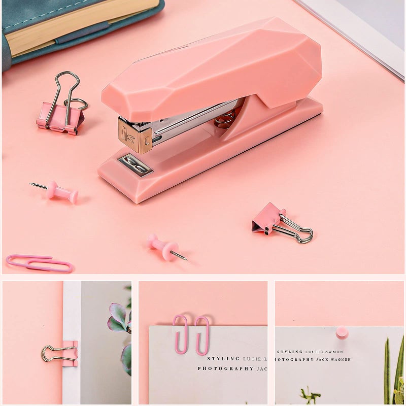 Zonon 73 Pieces Pink Office Desktop Stapler Desk Accessories Kit 1 Desktop Stapler Office Stapler 25 Sheet Capacity 72 Binder Clips Long Tail Push Pins Paperclips for Home Office School - Image 4