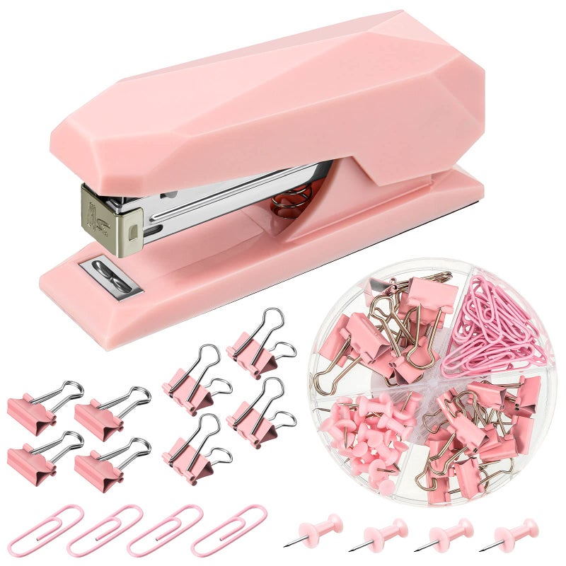 Zonon 73 Pieces Pink Office Desktop Stapler Desk Accessories Kit 1 Desktop Stapler Office Stapler 25 Sheet Capacity 72 Binder Clips Long Tail Push Pins Paperclips for Home Office School - Image 1