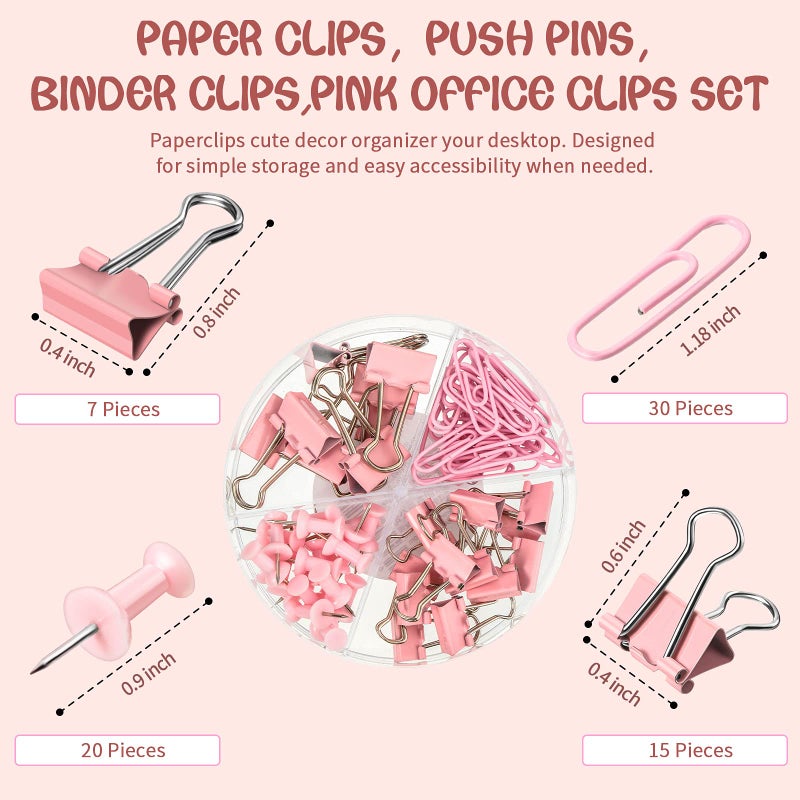 Zonon 73 Pieces Pink Office Desktop Stapler Desk Accessories Kit 1 Desktop Stapler Office Stapler 25 Sheet Capacity 72 Binder Clips Long Tail Push Pins Paperclips for Home Office School - Image 3