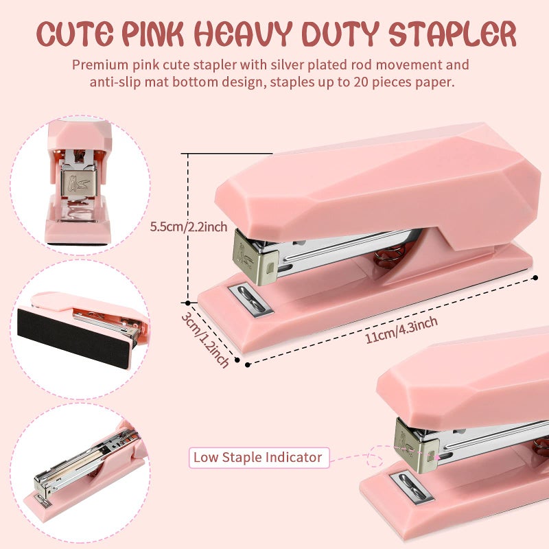 Zonon 73 Pieces Pink Office Desktop Stapler Desk Accessories Kit 1 Desktop Stapler Office Stapler 25 Sheet Capacity 72 Binder Clips Long Tail Push Pins Paperclips for Home Office School - Image 2