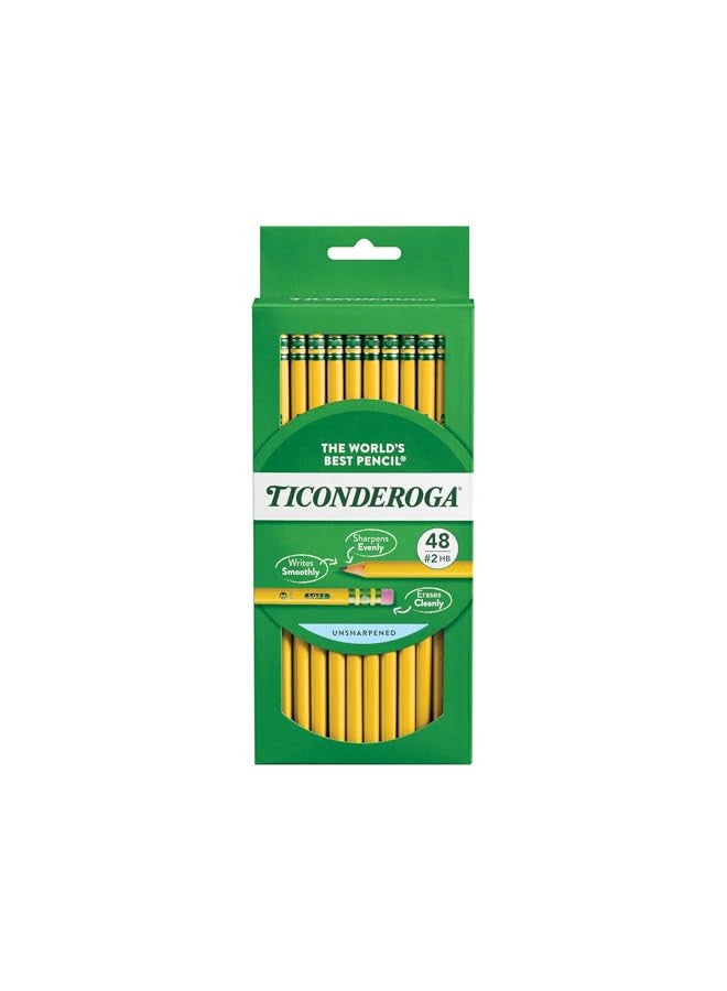 Ticonderoga أقلام تيسكونديروجا الخشبية، غير مشحذة، 2 HB ناعمة، صفراء، 48 قطعة - Image 1