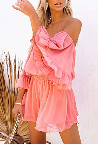 Fixmatti Women Rompers Casual Summer Off Shoulder Strapless Ruffle Shorts Jumpsuit Coral M - Image 4