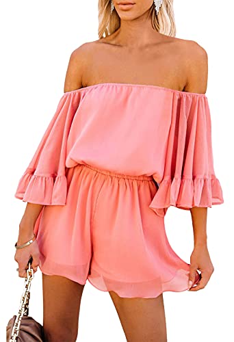 Fixmatti Women Rompers Casual Summer Off Shoulder Strapless Ruffle Shorts Jumpsuit Coral M - Image 1
