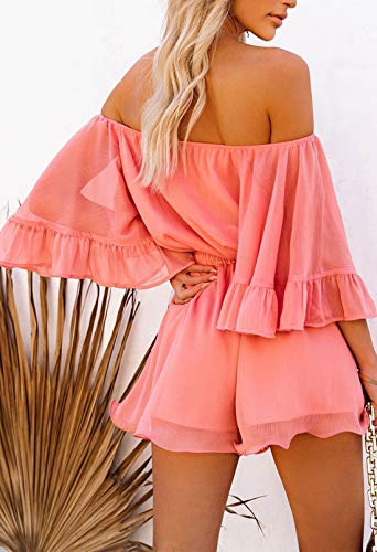 Fixmatti Women Rompers Casual Summer Off Shoulder Strapless Ruffle Shorts Jumpsuit Coral M - Image 5