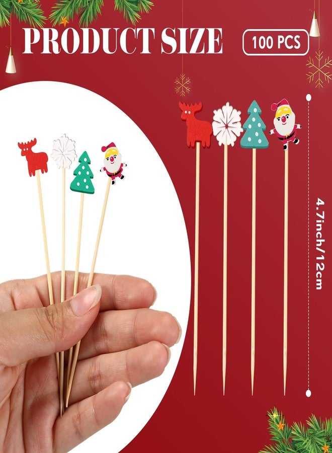 Perthlin 100 Pcs Christmas Cocktail Picks Snowflake Xmas Tree Party Picks Appetizer Picks Santa Wooden Bamboo Toothpicks Skewers Decorative Sandwich Fruit Sticks for Party Appetizer Supplies, 4 Styles - Image 2