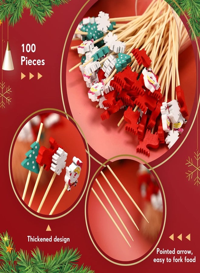 Perthlin 100 Pcs Christmas Cocktail Picks Snowflake Xmas Tree Party Picks Appetizer Picks Santa Wooden Bamboo Toothpicks Skewers Decorative Sandwich Fruit Sticks for Party Appetizer Supplies, 4 Styles - Image 3