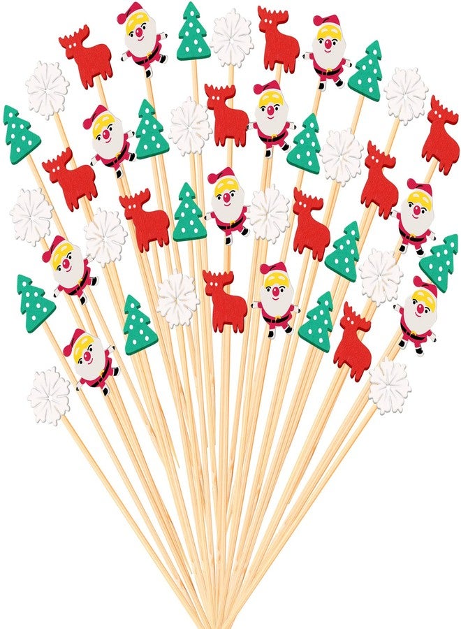Perthlin 100 Pcs Christmas Cocktail Picks Snowflake Xmas Tree Party Picks Appetizer Picks Santa Wooden Bamboo Toothpicks Skewers Decorative Sandwich Fruit Sticks for Party Appetizer Supplies, 4 Styles - Image 1