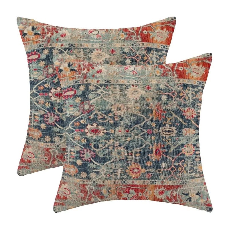 AEIOAE Boho Vintage Retro Pillow Covers 18x18 Set of 2 Boho Colorful Style Decorative Throw Pillow Outdoor Linen Square Farmhouse Decor Cushion Cover for Home Couch Sofa