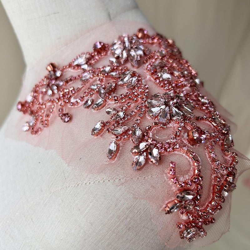 gelvs Sparkle Rhinestone Applique Wedding Dress Accessories Beaded Patch V-Neck Crystal Neckline Pink Color - Image 1