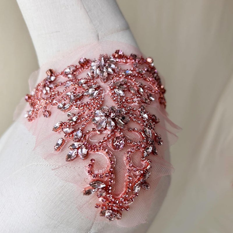 gelvs Sparkle Rhinestone Applique Wedding Dress Accessories Beaded Patch V-Neck Crystal Neckline Pink Color - Image 3