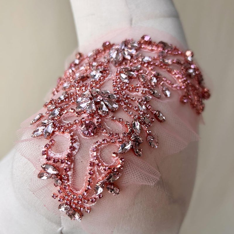 gelvs Sparkle Rhinestone Applique Wedding Dress Accessories Beaded Patch V-Neck Crystal Neckline Pink Color - Image 2