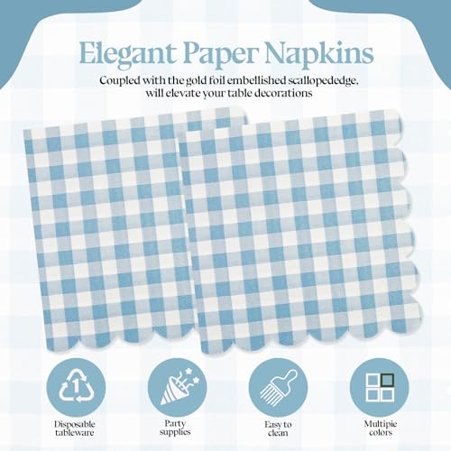 PUEVENYI 50PCS Blue Scalloped Gingham Paper Napkins - Light Blue and White Striped Luncheon Napkin, Checkered Dessert Napkins, Disposable Decorations Supplies for Birthday Baby Shower Wedding Party - Image 4