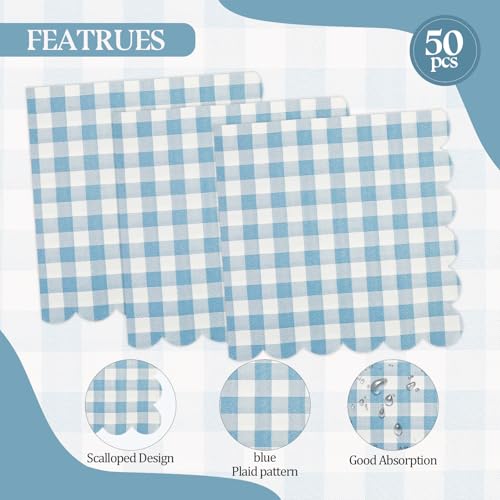 PUEVENYI 50PCS Blue Scalloped Gingham Paper Napkins - Light Blue and White Striped Luncheon Napkin, Checkered Dessert Napkins, Disposable Decorations Supplies for Birthday Baby Shower Wedding Party - Image 3