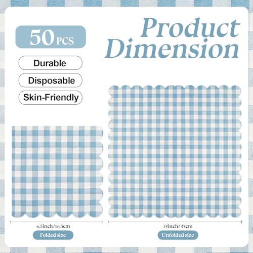 PUEVENYI 50PCS Blue Scalloped Gingham Paper Napkins - Light Blue and White Striped Luncheon Napkin, Checkered Dessert Napkins, Disposable Decorations Supplies for Birthday Baby Shower Wedding Party - Image 2
