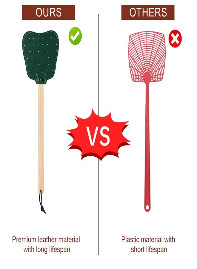 XIHIRCD 2pcs Leather Fly Swatters, Long Wooden Handle Manual Fly Swatters with Hanging Rope Heavy Duty Practical Leather Fly Swatters Indoors for Fly Mosquitoes Bees(Red, Dark Green) - Image 3