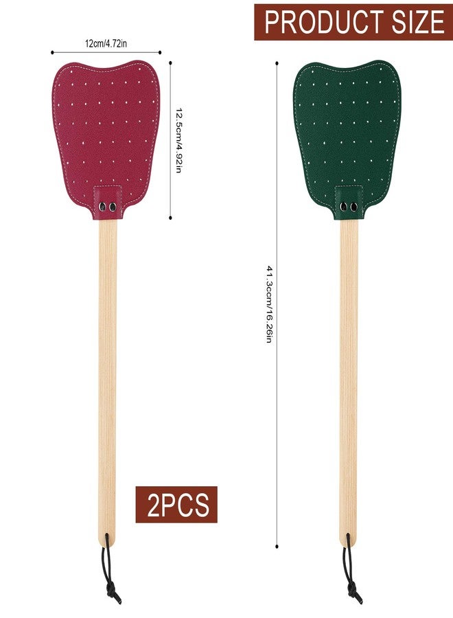 XIHIRCD 2pcs Leather Fly Swatters, Long Wooden Handle Manual Fly Swatters with Hanging Rope Heavy Duty Practical Leather Fly Swatters Indoors for Fly Mosquitoes Bees(Red, Dark Green) - Image 2