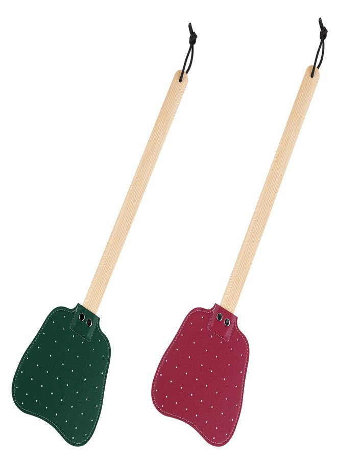 XIHIRCD 2pcs Leather Fly Swatters, Long Wooden Handle Manual Fly Swatters with Hanging Rope Heavy Duty Practical Leather Fly Swatters Indoors for Fly Mosquitoes Bees(Red, Dark Green) - Image 1
