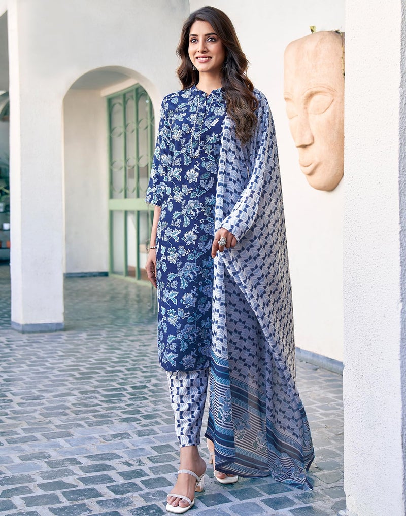 SIRIL Women's Rayon Blend Floral Printed Kurta Pant with Dupatta Set | Ethnic Set | Suit Set | Kurta Set (149KBD1615-S_Dark Blue), Regular Fit - Image 4